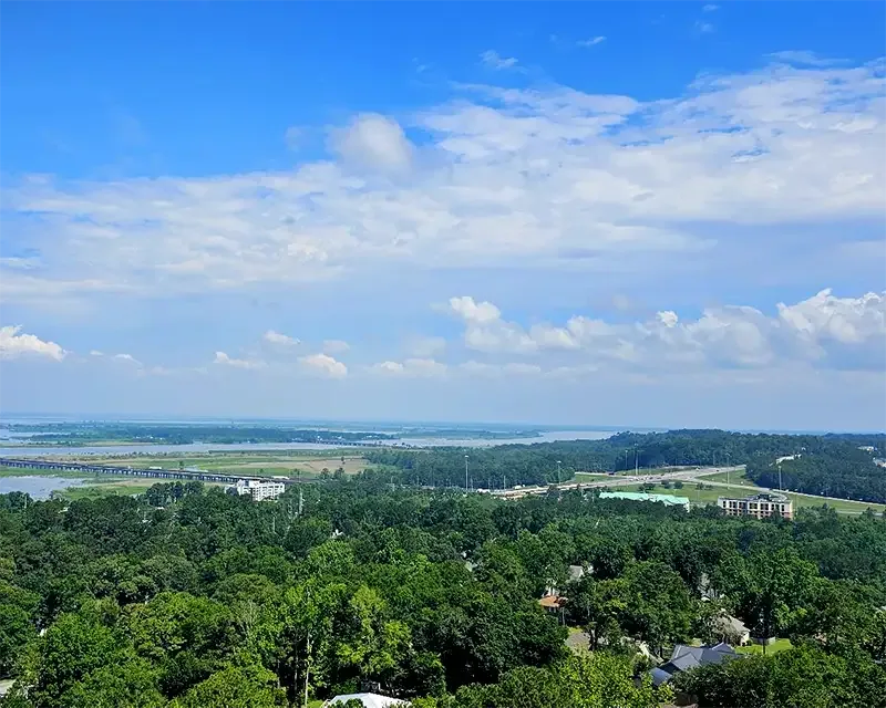 An elevated view over wooded neighbourhoods toward Mobile Bay and the causeway