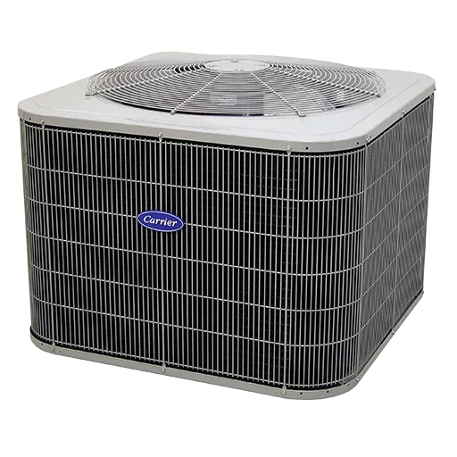 A Carrier Comfort Series outdoor unit — a square condenser with a white top panel, a circular fan grille and dark louvred coil fins — photographed against a plain studio background