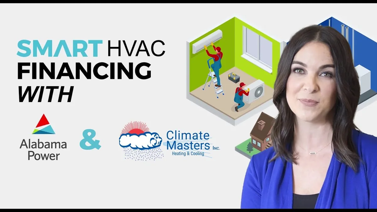 Video title card for Alabama Power Smart Financing with program details and Climate Masters logos