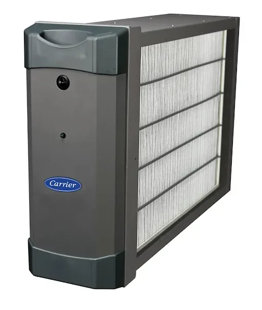 A Carrier whole-home air purifier cabinet with its pleated filter media exposed, the in-duct indoor air quality system Climate Masters installs in Mobile and Baldwin County homes