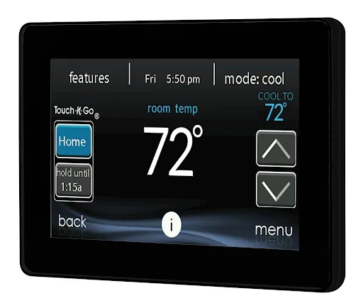 A Carrier Infinity System Control smart thermostat, its touchscreen showing a room temperature of 72 degrees in cooling mode