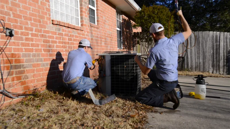 Climate Masters technicians performing repairs on a outdoor air conditioning unit |Air Conditioning Repair | Climate Masters