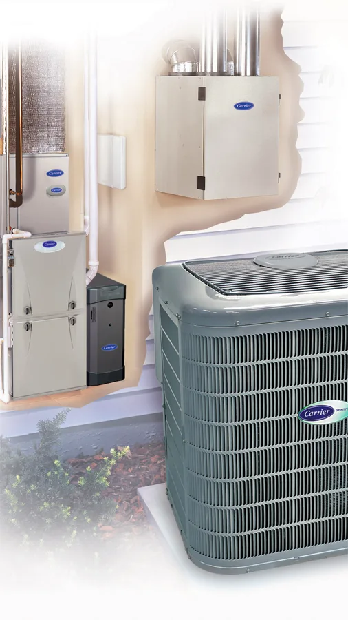 AC and Furnace shown together installed with cut-away wall of home | HVAC Products | Climate Masters Inc.
