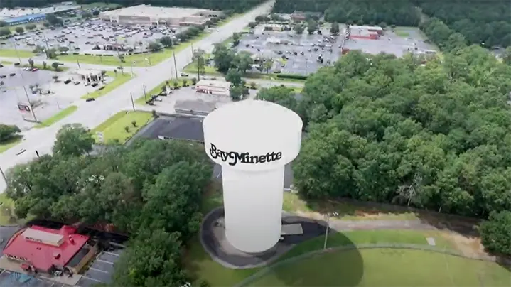 Aerial shot of water tower at Bay Minette AL | Air Conditioning Repair | Climate Masters INC