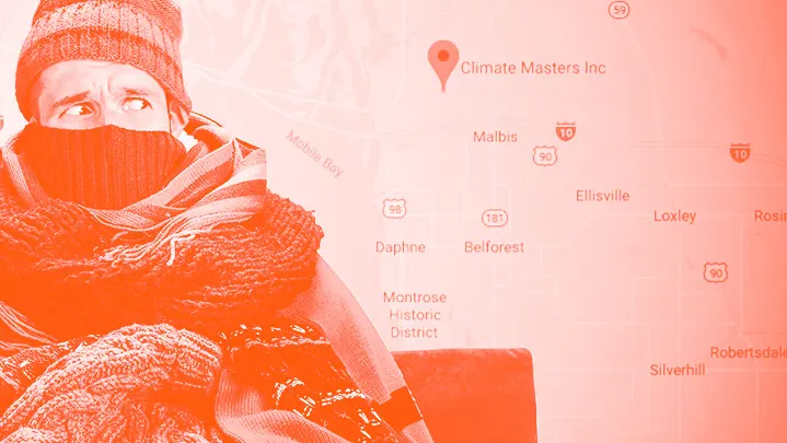 Cold man bundled up on Mobile Bay Map in orange monotone | Climate Masters INC | Furnace Repair Near Me